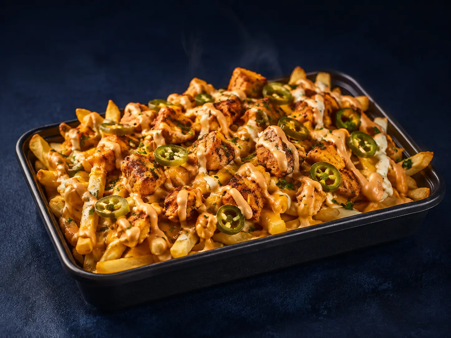 Loaded fries with cheese, chicken and sauces